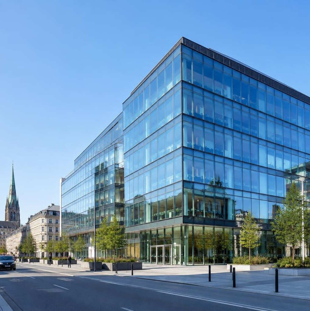 Modern office building exterior with glass facade