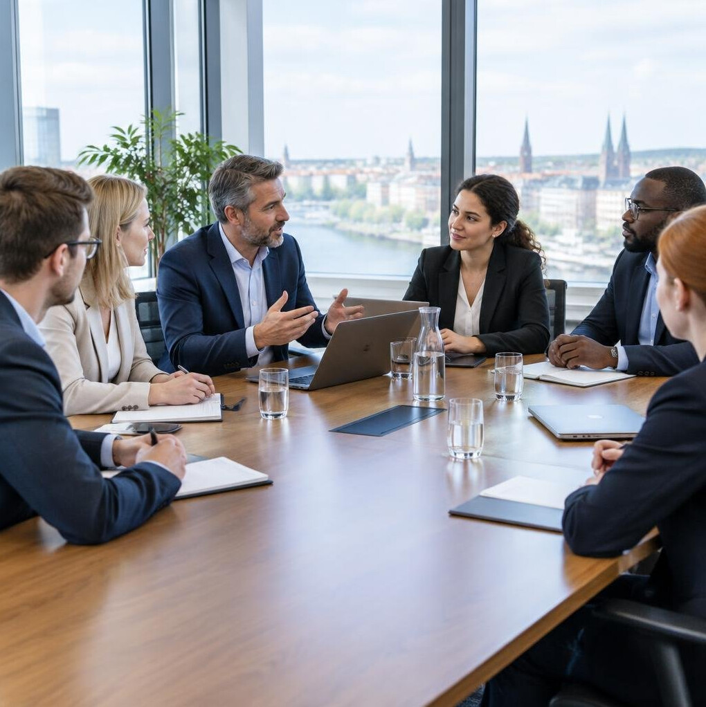 Group of professionals in a conference room discussion