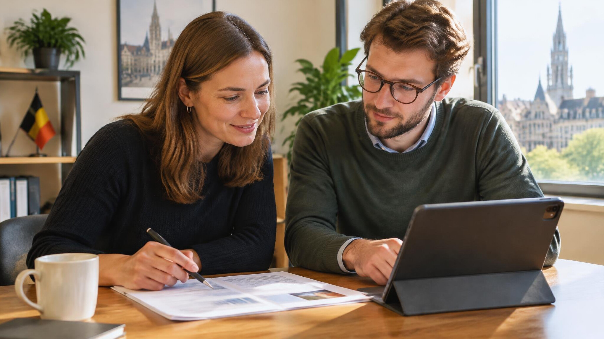 Two colleagues reviewing notes together