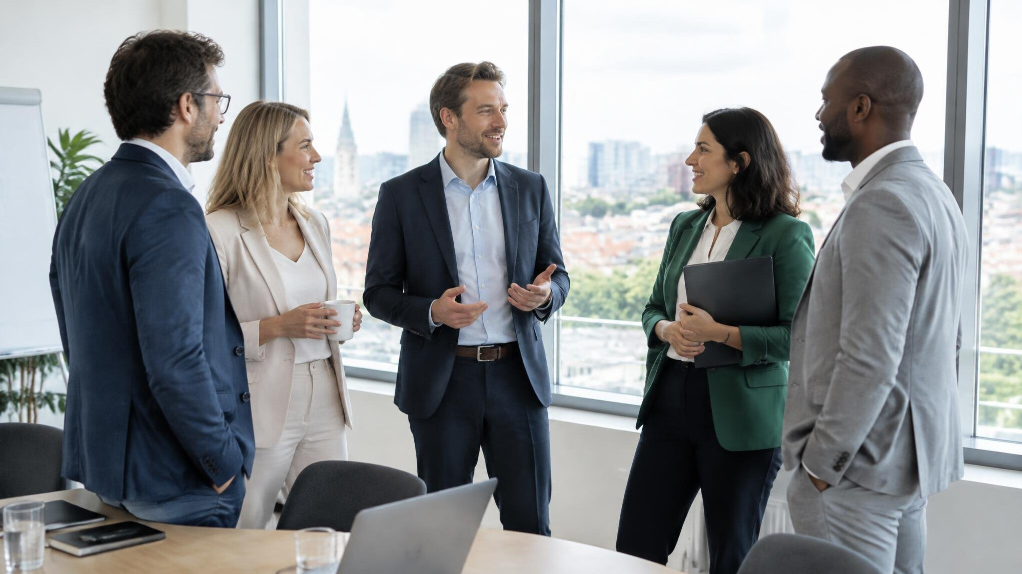 Group of professionals talking in a bright meeting room